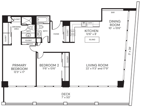 Floor plan for 2 beds, 2 baths, 1310 sqft